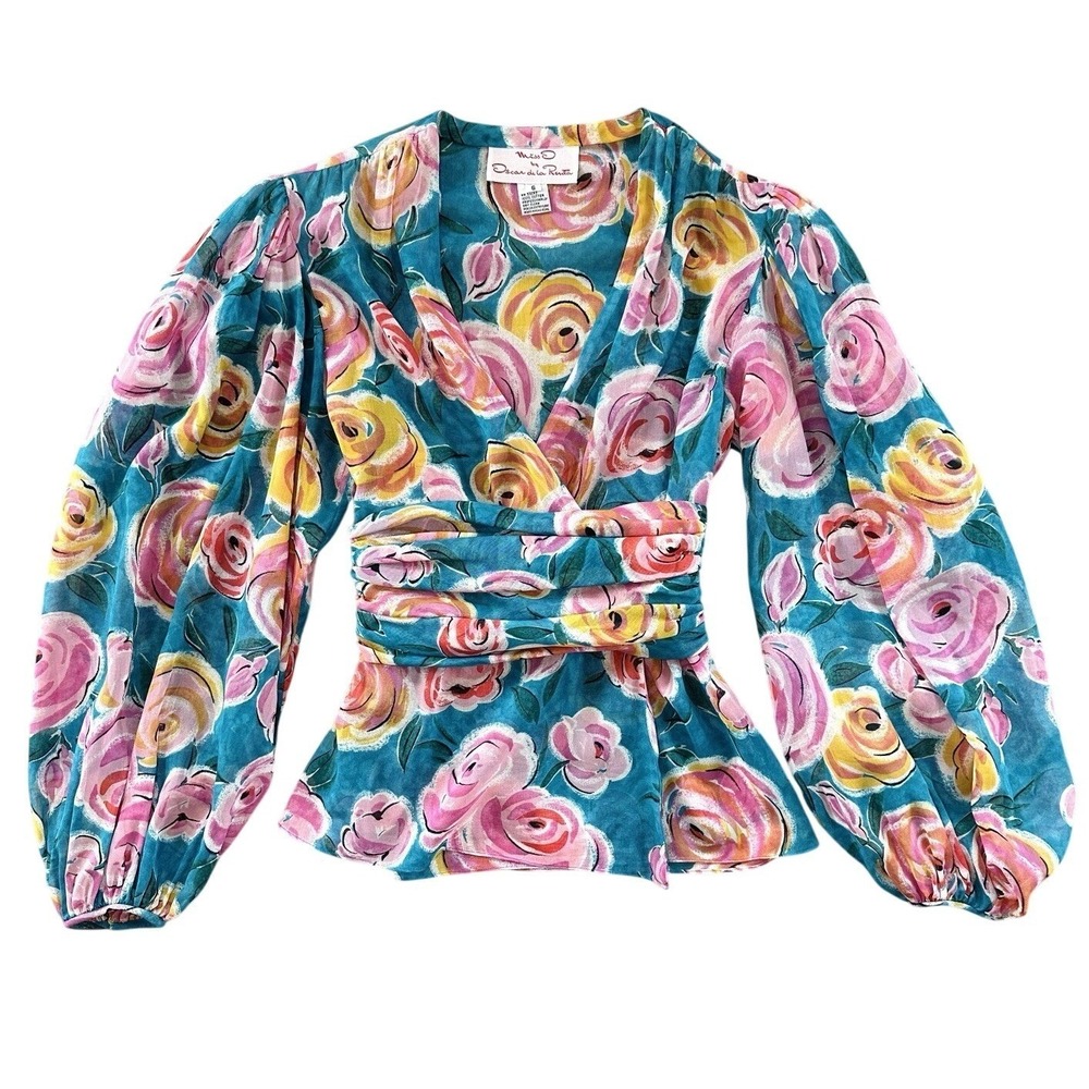 VTG Miss O Oscar de la Renta Cotton Wrap Blouse Floral‎ Puff Sleeve Roses Size 6